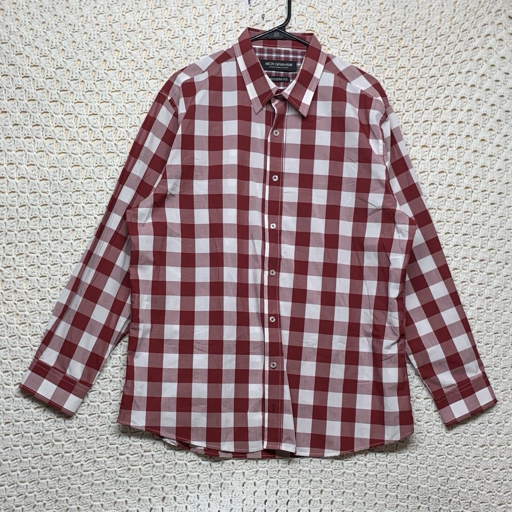 Nick Graham Shirt XL‎ 17-17.5 Red White Plaid Button Up Modern Fit Long Sleeve